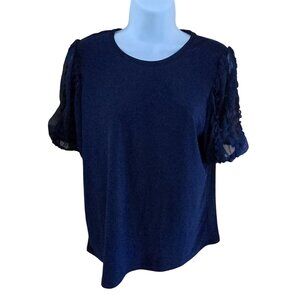 CeCe Navy Blue Top With Sheer Flutter Sleeves fairycore cottagecore work office